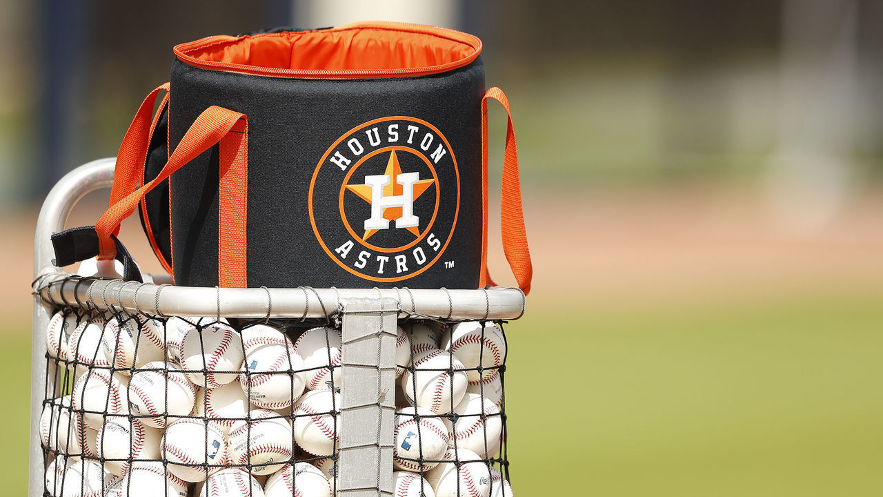 WEST PALM BEACH, FLORIDA - FEBRUARY 13: A detail of a ball bag and baseballs during a Houston Astros workout at FITTEAM Ballpark of The Palm Beaches on February 13, 2020 in West Palm Beach, Florida.