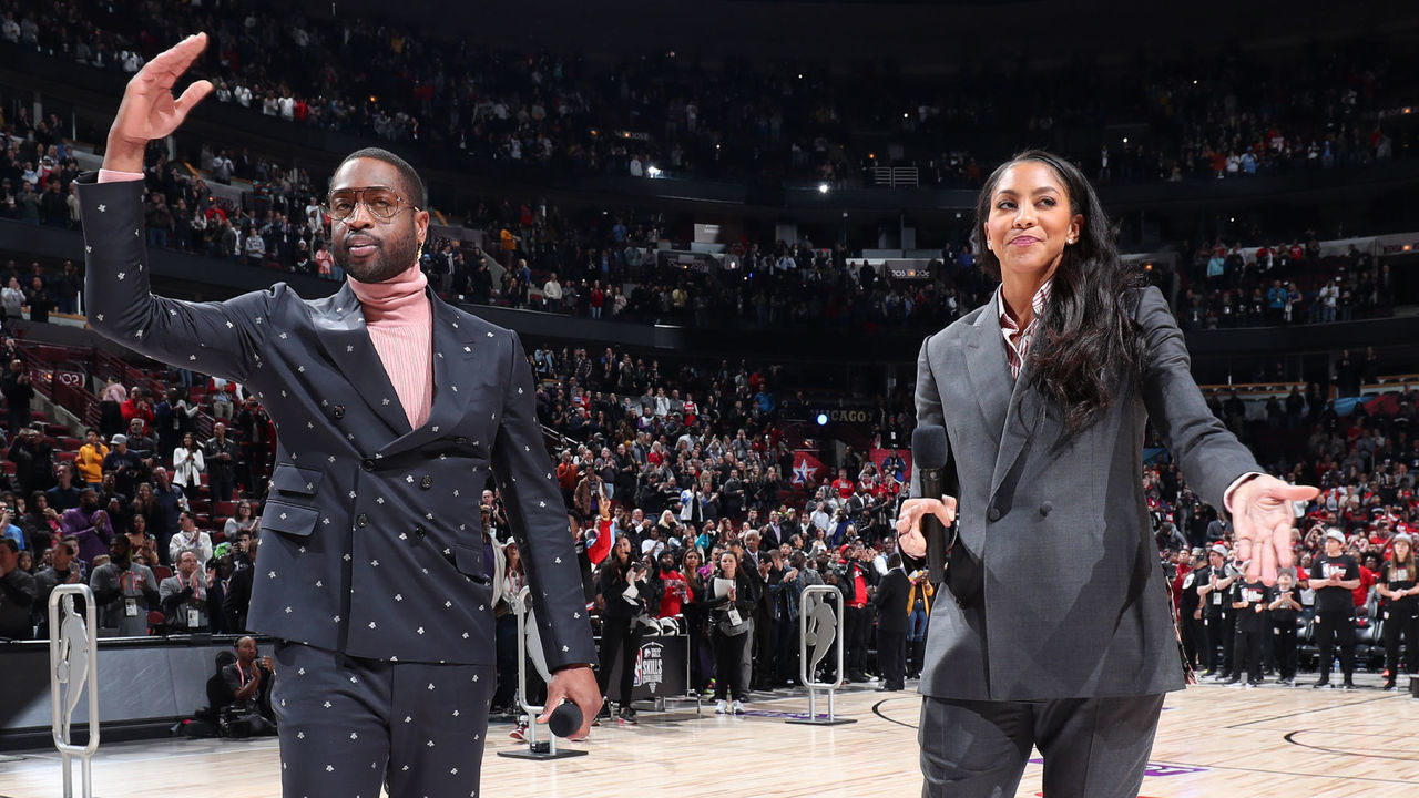 CHICAGO, IL - FEBRUARY 15: NBA and WNBA legends Dwyane Wade and Candace Parker addresses the crowd during the 2020 NBA All-Star - Taco Bell Skills Challenge on February 15, 2020 at the United Center in Chicago, Illinois. Mandatory Copyright Notice: Copyright 2020 NBAE