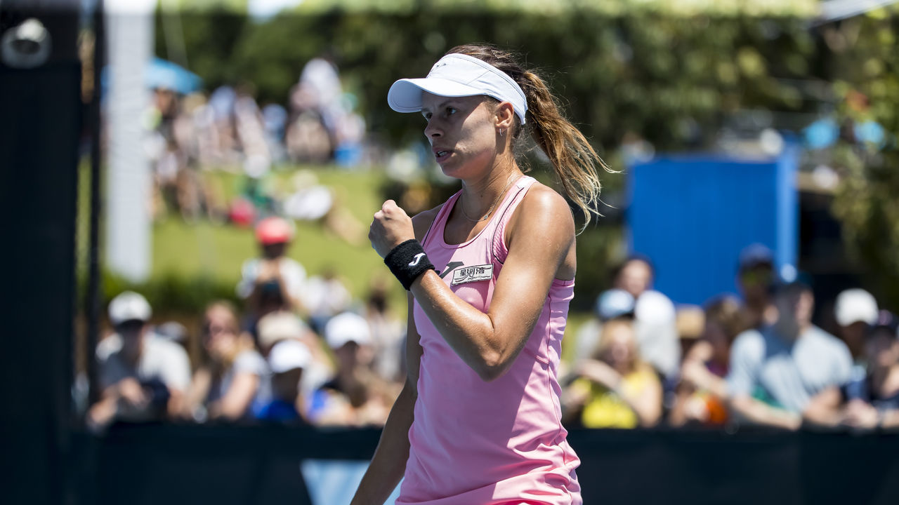 MELBOURNE, VIC - JANUARY 21: Magda Linette of Poland celebrates during the first round of the 2020 Australian Open on January 21 2020, at Melbourne Park in Melbourne, Australia.