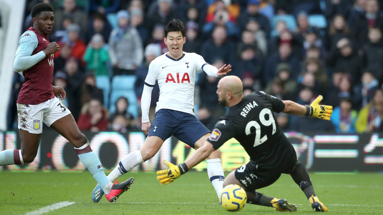 Tottenham Hotspur's Son Heung-min scores his side's third goal of the game during the Premier League match at Villa Park, Birmingham.