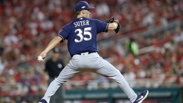 WASHINGTON, DC - OCTOBER 01: Brent Suter #35 of the Milwaukee Brewers throws a pitch against the Washington Nationals during the fifth inning in the National League Wild Card game at Nationals Park on October 01, 2019 in Washington, DC.
