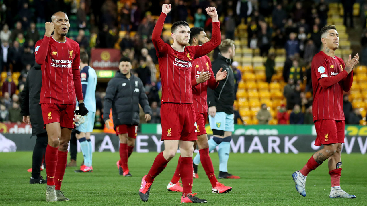 NORWICH, ENGLAND - FEBRUARY 15: Liverpool players celebrate the win during the Premier League match between Norwich City and Liverpool FC at Carrow Road on February 15, 2020 in Norwich, United Kingdom.