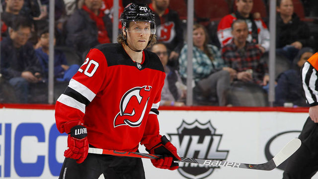 NEWARK, NEW JERSEY - JANUARY 12: Blake Coleman #20 of the New Jersey Devils in action against the Tampa Bay Lightning at Prudential Center on January 12, 2020 in Newark, New Jersey. The Devils defeated the Lightning 3-1.