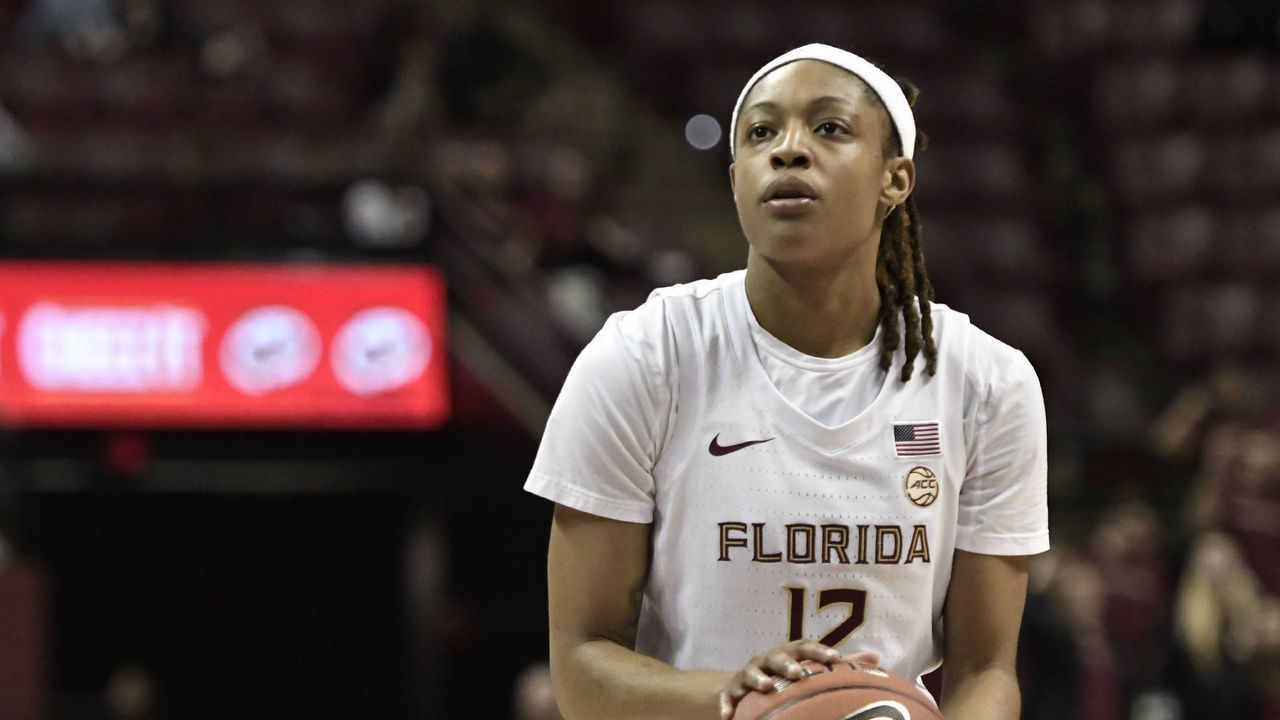 TALLAHASSEE, FL - JANUARY 09: Nicki Ekhomu (12) guard Florida State University (FSU) Seminoles attempts a free throw against the Georgia Tech Yellow Jackets in an Atlantic Coast Conference (ACC) basketball game, Thursday, January 9, 2020, in the Donald Tucker Civic Center in Tallahassee, Florida.