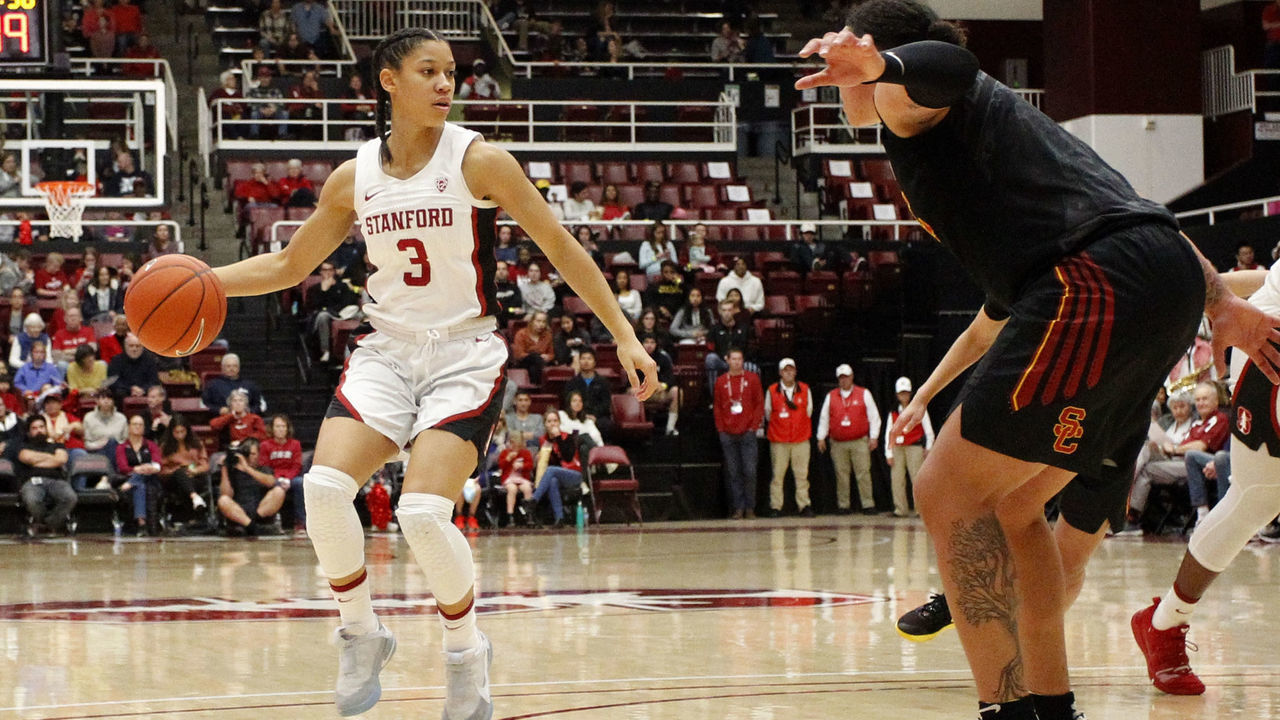 PALO ALTO, CA - FEBRUARY 09: Stanford Cardinal G Anna Wilson (3) brings the ball down court in the game between the USC Trojans and the Stanford Cardinal on Feb 9, 2020 at Maples Pavilion in Palo Alto, CA.