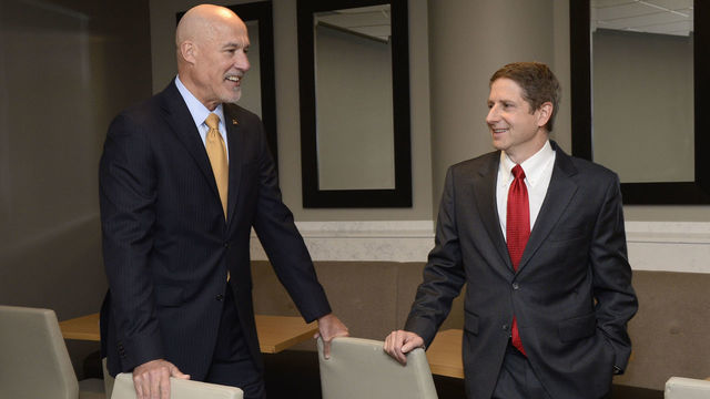 CHICAGO, IL - NOVEMBER 10: John Paxson, General Manager and Michael Reinsdorf of the Chicago Bulls chats before the NBA All-Star 2020 Announcement on November 10, 2017 at the United Center in Chicago, Illinois. Mandatory Copyright Notice: Copyright 2017 NBAE