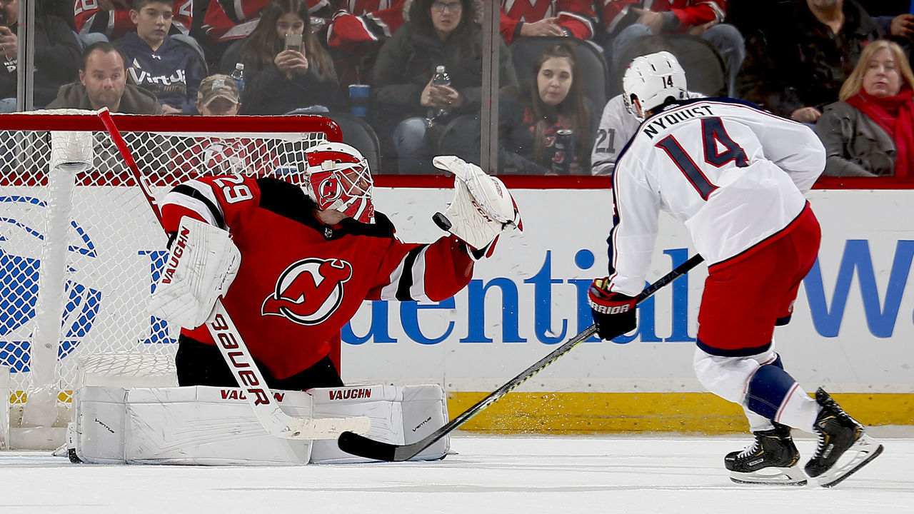 NEWARK, NJ - FEBRUARY 16: Mackenzie Blackwood #29 of the New Jersey Devils makes a save on a shot by Gustav Nyquist #14 of the Columbus Blue Jackets during the shootout at the Prudential Center on February 16, 2020 in Newark, New Jersey.