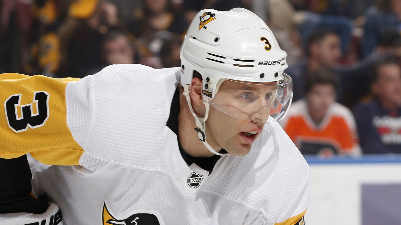 SUNRISE, FL - FEBRUARY 8: Jack Johnson #3 of the Pittsburgh Penguins prepares for a face-off against the Florida Panthers at the BB&T Center on February 8, 2020 in Sunrise, Florida. The Penguins defeated the Panthers 3-2.