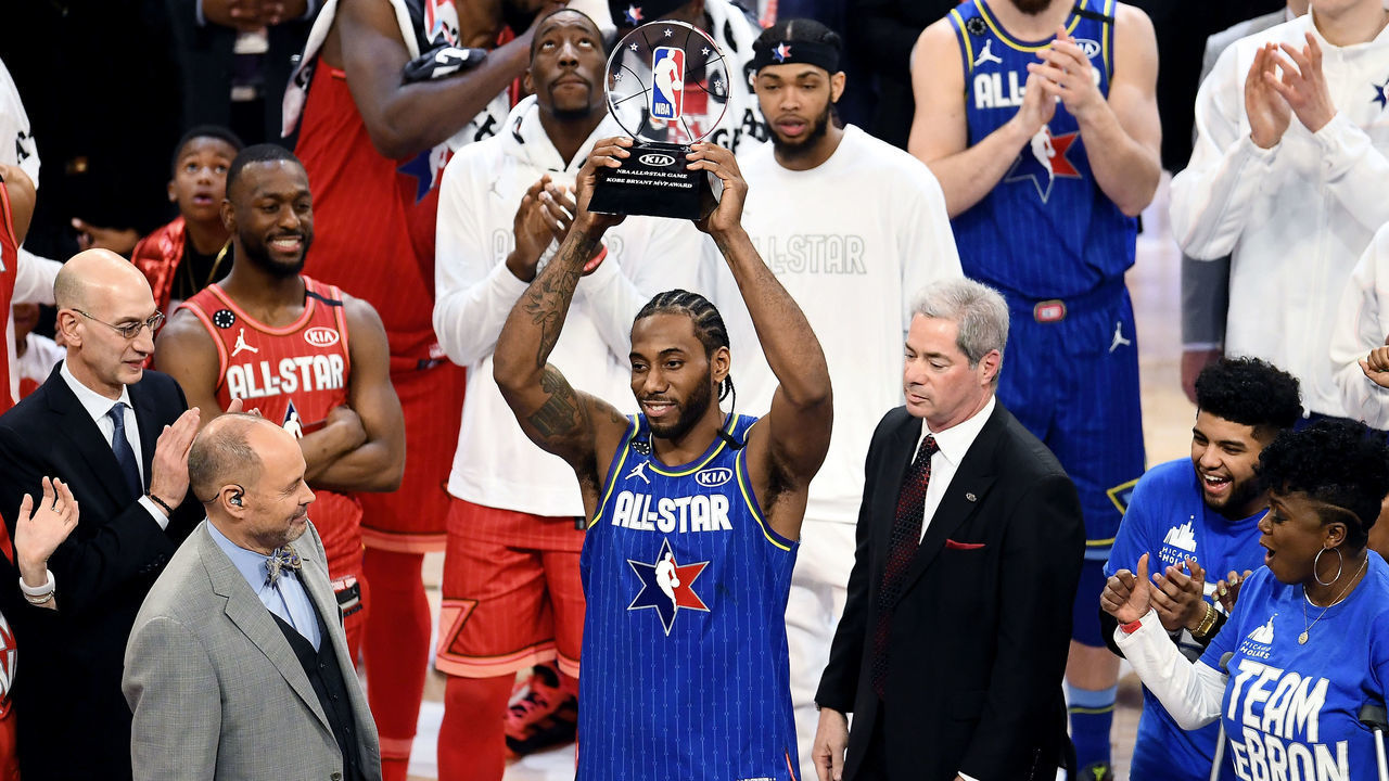 CHICAGO, ILLINOIS - FEBRUARY 16: Kawhi Leonard #2 of Team LeBron celebrates with the trophy after being named the Kobe Bryant MVP during the 69th NBA All-Star Game at the United Center on February 16, 2020 in Chicago, Illinois.