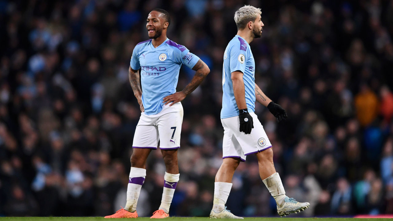 MANCHESTER, ENGLAND - JANUARY 18: Raheem Sterling and Sergio Aguero of Manchester City look dejected during the Premier League match between Manchester City and Crystal Palace at Etihad Stadium on January 18, 2020 in Manchester, United Kingdom.