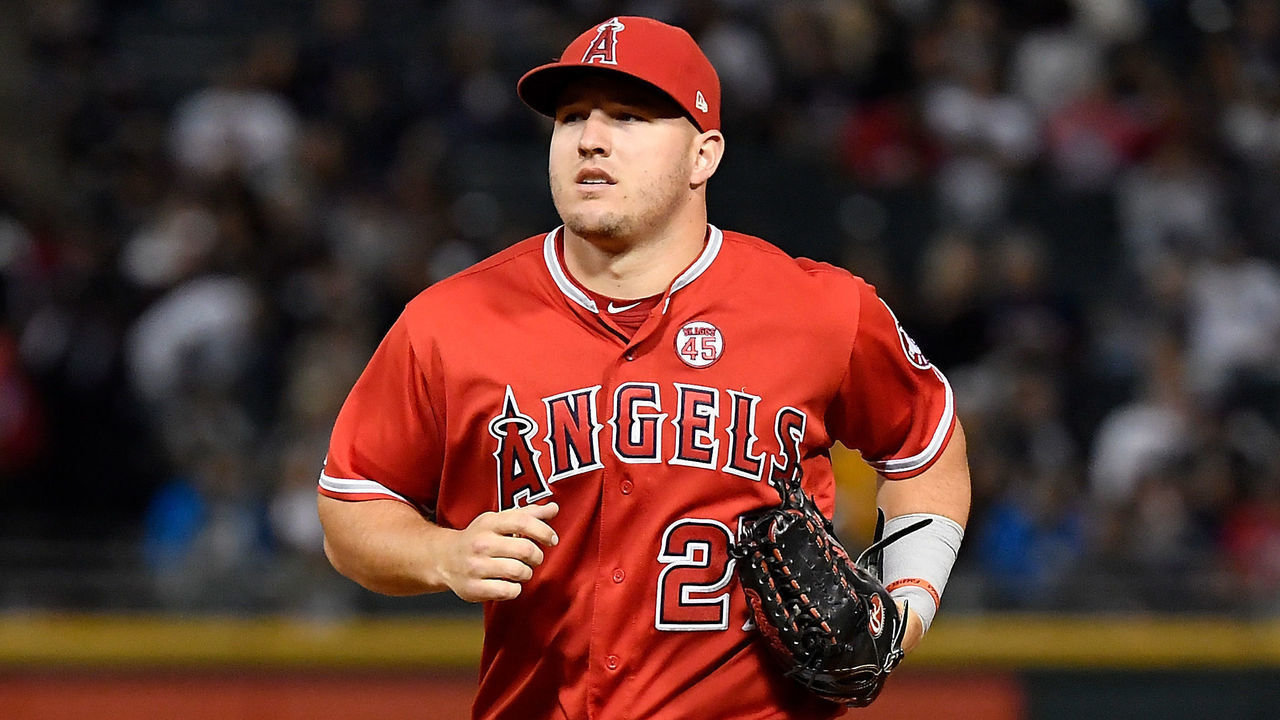 CHICAGO, ILLINOIS - SEPTEMBER 06: Mike Trout #27 of the Los Angeles Angels of Anaheim looks on against the Chicago White Sox at Guaranteed Rate Field on September 06, 2019 in Chicago, Illinois.