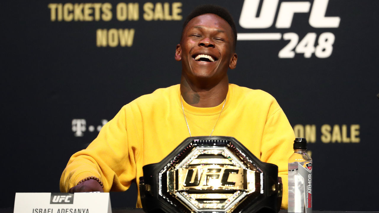 HOUSTON, TEXAS - FEBRUARY 07: Israel Adesanya talks during a press conference for UFC 248 at Toyota Center on February 07, 2020 in Houston, Texas.