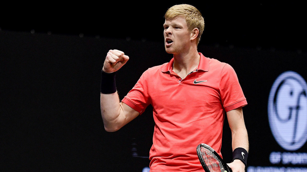 UNIONDALE, NEW YORK - FEBRUARY 16: Kyle Edmund of Great Britain celebrates after breaking serve in the second set during his Men's Singles final match against Andreas Seppi of Italy on day seven of the 2020 NY Open at Nassau Veterans Memorial Coliseum on February 16, 2020 in Uniondale, New York.