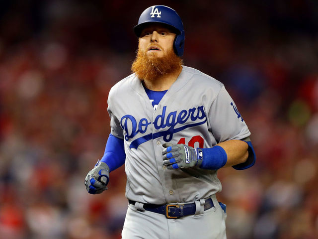 WASHINGTON, DC - OCTOBER 06: Justin Turner #10 of the Los Angeles Dodgers rounds the bases after hitting a three-run home run during Game 3 of the NLDS between the Los Angeles Dodgers and the Washington Nationals at Nationals Park on Sunday, October 6, 2019 in Washington, District of Columbia.