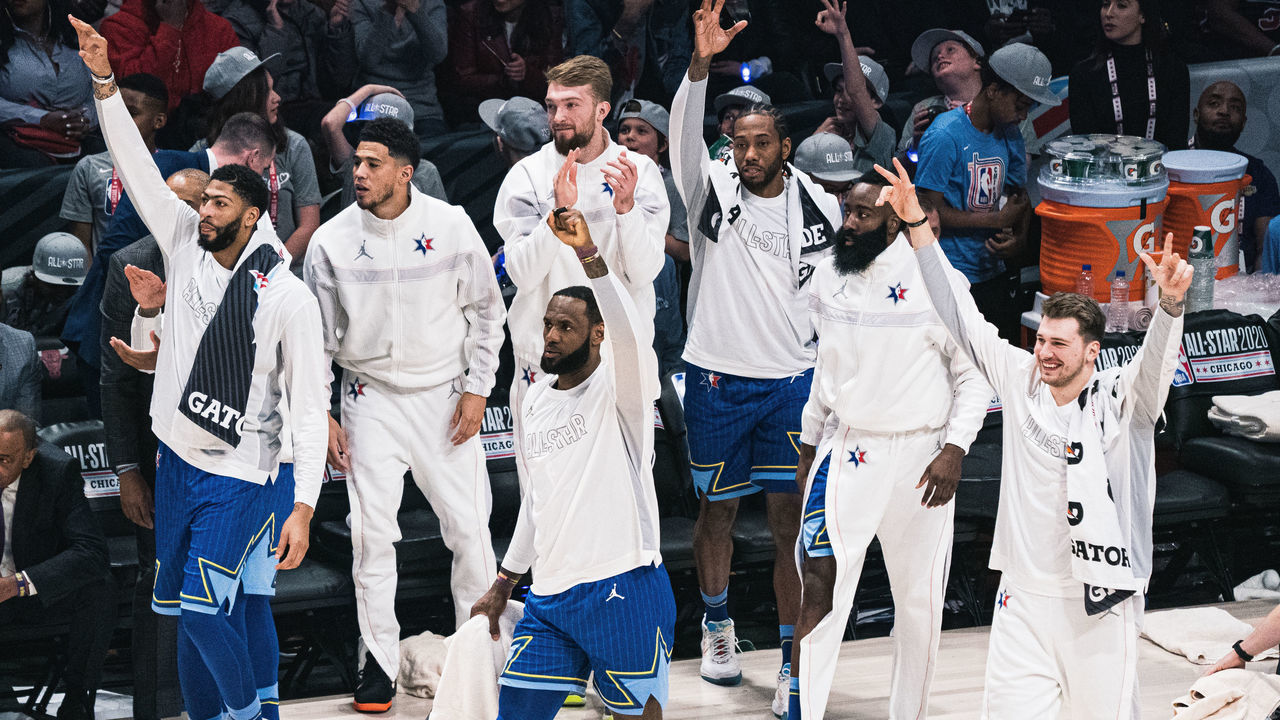 CHICAGO, ILLINOIS - FEBRUARY 16: LeBron James #2 of Team LeBron and Luka Doncic #2 of Team LeBron reacts to play during the 69th NBA All-Star Game on February 16, 2020 at the United Center in Chicago, Illinois.