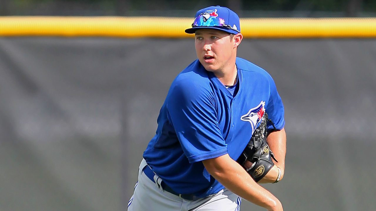 TAMPA, FL - JUL 08: 2017 first round pick Nate Pearson of the Blue Jays warms up before the Gulf Coast League game between the Blue Jays and the Yankees on July 08, 2017, at the New York Yankees Minor League Complex in Tampa, FL.