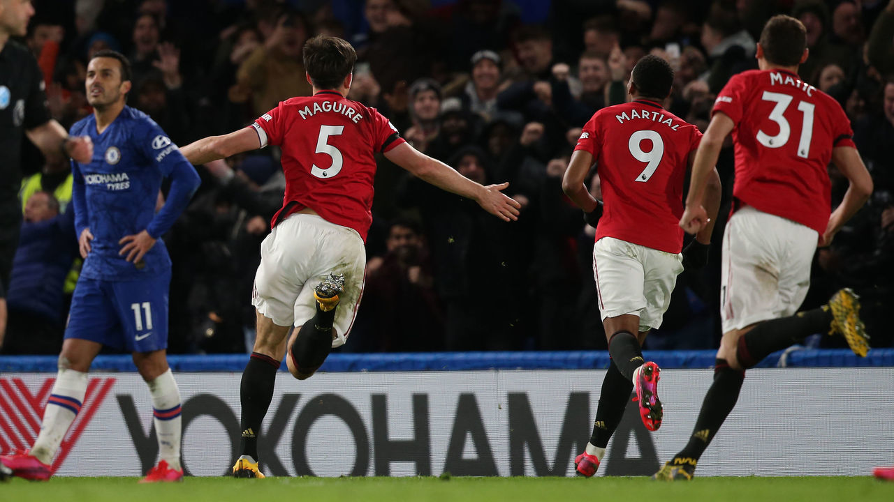 LONDON, ENGLAND - FEBRUARY 17: Harry Maguire of Manchester United celebrates scoring their second goal during the Premier League match between Chelsea FC and Manchester United at Stamford Bridge on February 17, 2020 in London, United Kingdom.