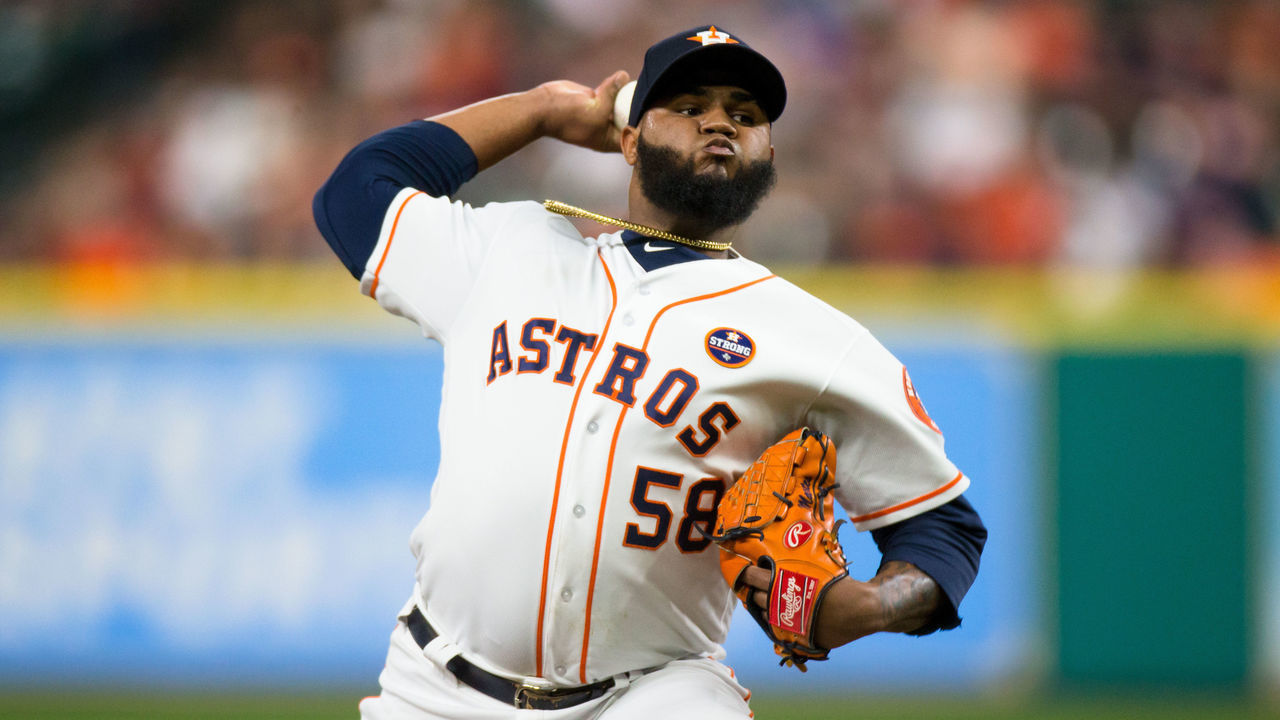 HOUSTON, TX - SEPTEMBER 24: Houston Astros relief pitcher Francis Martes (58) delivers the pitch in the fourth inning during an MLB game between the Houston Astros and the Los Angeles Angels at Minute Maid Park, Sunday, September 24, 2017. Los Angeles Angels defeated Houston Astros 7-5.