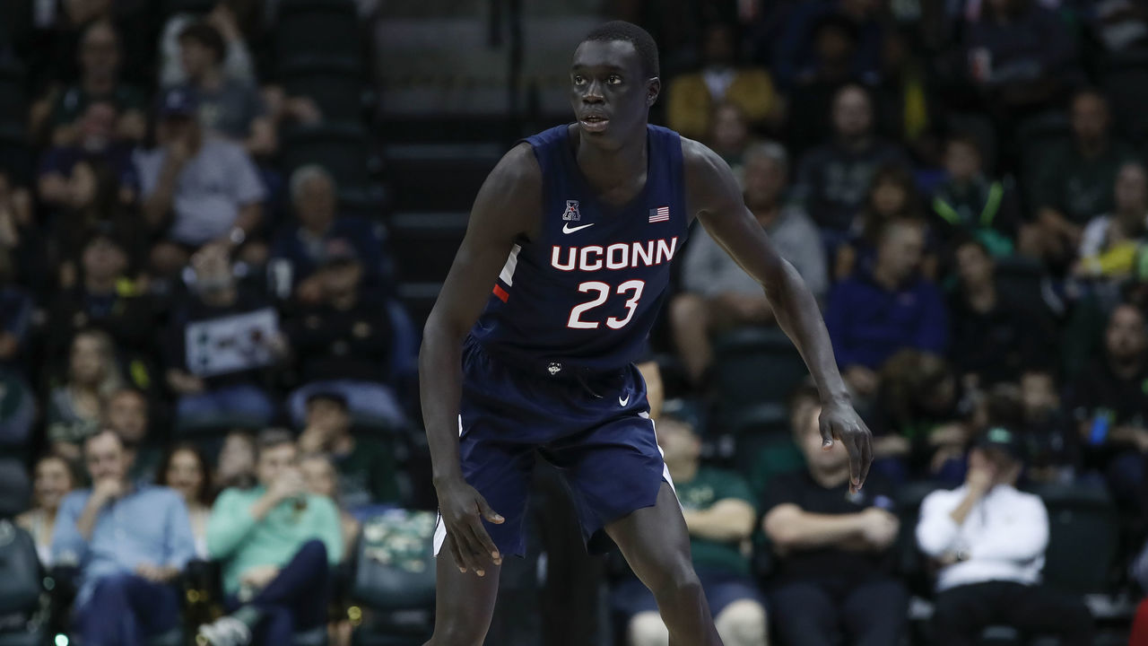 TAMPA, FL - JANUARY 04: Connecticut Huskies forward Akok Akok (23) during the college basketball game between the Connecticut Huskies and South Florida Bulls on January 04, 2020 at the Yuengling Center in Tampa, FL.