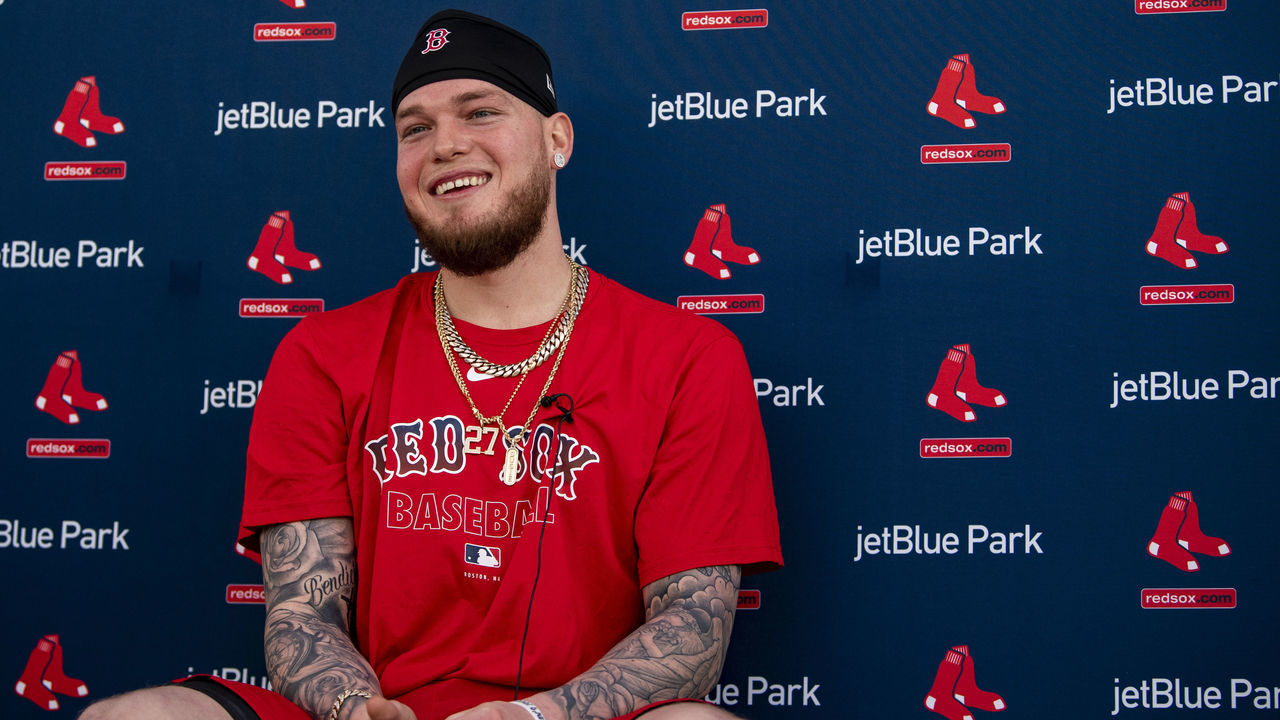 FT. MYERS, FL - FEBRUARY 15: Alex Verdugo #99 of the Boston Red Sox speaks to the media during a press conference during a team workout on February 15, 2020 at jetBlue Park at Fenway South in Fort Myers, Florida.