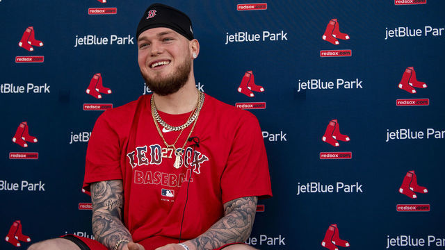 FT. MYERS, FL - FEBRUARY 15: Alex Verdugo #99 of the Boston Red Sox speaks to the media during a press conference during a team workout on February 15, 2020 at jetBlue Park at Fenway South in Fort Myers, Florida.