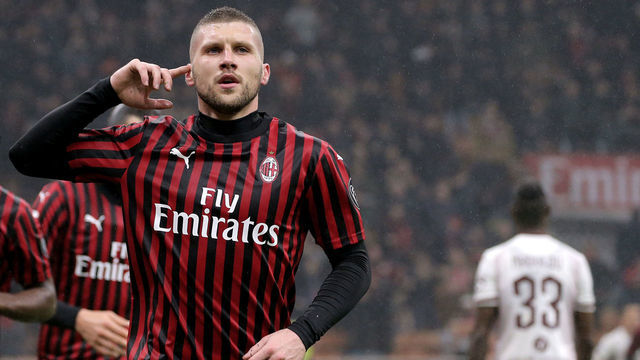Ante Rebic of AC Milan celebrates after scoring the his goal \during the Serie A match between AC Milan and Torino FC at Stadio Giuseppe Meazza on February 17, 2020 in Milan, Italy.