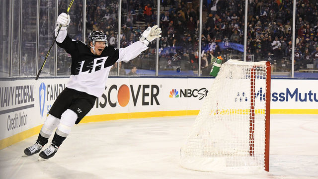 COLORADO SPRINGS, COLORADO - FEBRUARY 15: Tyler Toffoli #73 of the Los Angeles Kings reacts after scoring an empty net goal for the hat trick during the third period of the 2020 NHL Stadium Series game between the Los Angeles Kings and the Colorado Avalanche at Falcon Stadium on February 15, 2020 in Colorado Springs, Colorado. The Kings defeated the Avalanche 3-1.