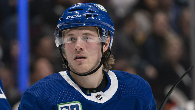 VANCOUVER, BC - FEBRUARY 08: Brock Boeser #6 of the Vancouver Canucks in NHL action against the Calgary Flames at Rogers Arena on February 8, 2020 in Vancouver, Canada.
