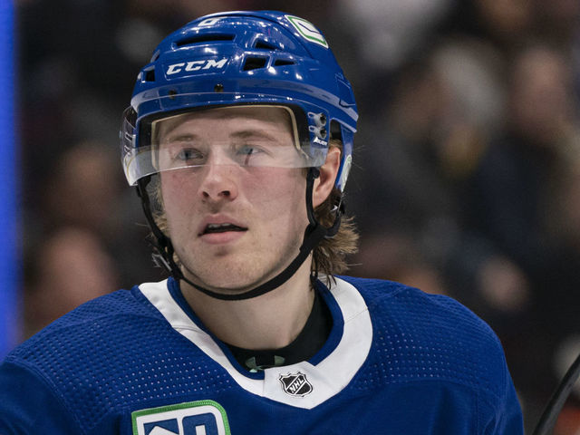 VANCOUVER, BC - FEBRUARY 08: Brock Boeser #6 of the Vancouver Canucks in NHL action against the Calgary Flames at Rogers Arena on February 8, 2020 in Vancouver, Canada.