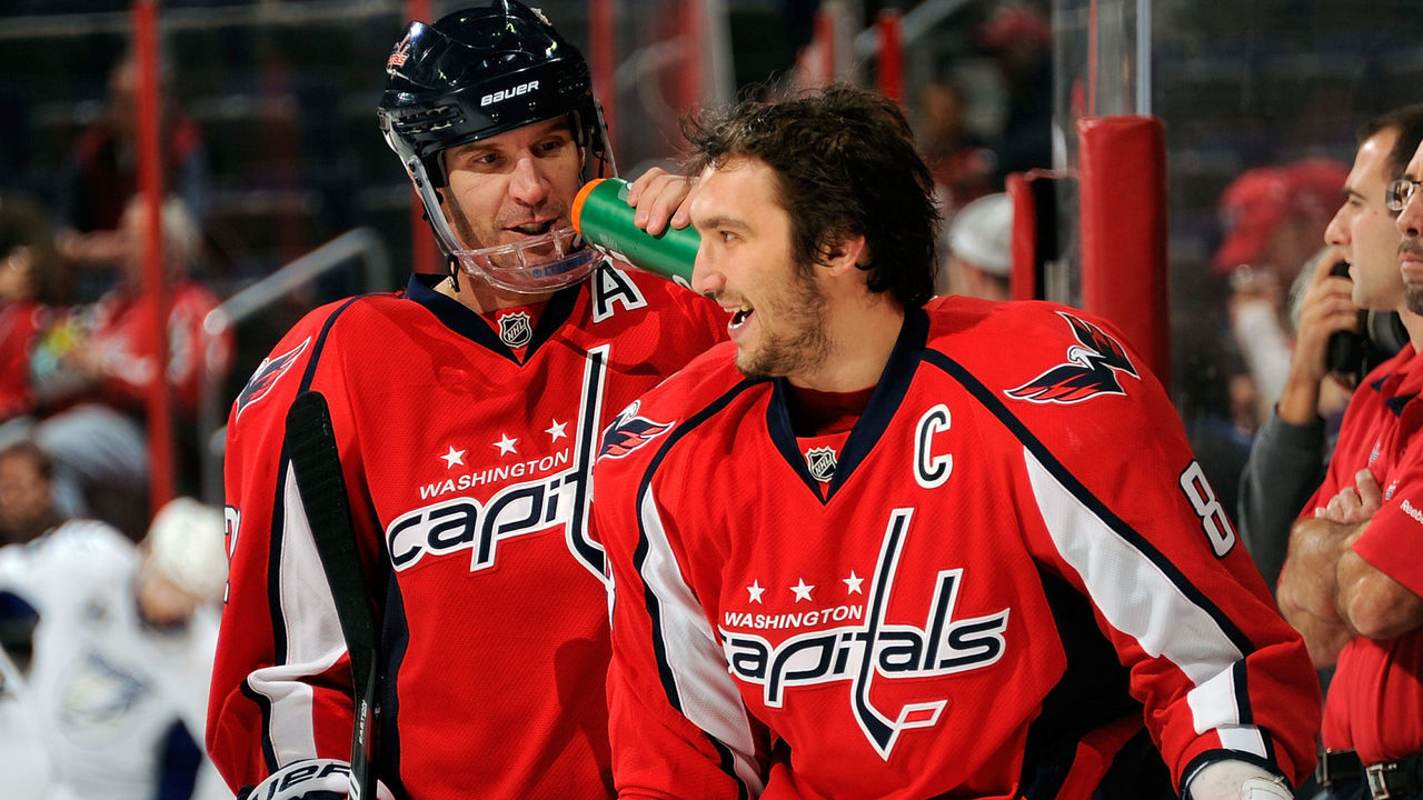 WASHINGTON - NOVEMBER 26: Mike Knuble #22 and Alex Ovechkin #8 of the Washington Capitals warm up before the game against the Tampa Bay Lightning at the Verizon Center on November 26, 2010 in Washington, DC.