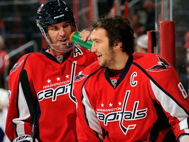 WASHINGTON - NOVEMBER 26: Mike Knuble #22 and Alex Ovechkin #8 of the Washington Capitals warm up before the game against the Tampa Bay Lightning at the Verizon Center on November 26, 2010 in Washington, DC.