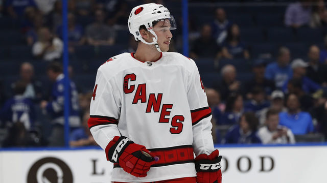 TAMPA, FL - SEPTEMBER 17: Carolina Hurricanes right wing Julien Gauthier (44) skates during the NHL Preseason game between the Carolina Hurricanes and Tampa Bay Lightning on September 17, 2019 at Amalie Arena in Tampa, FL.