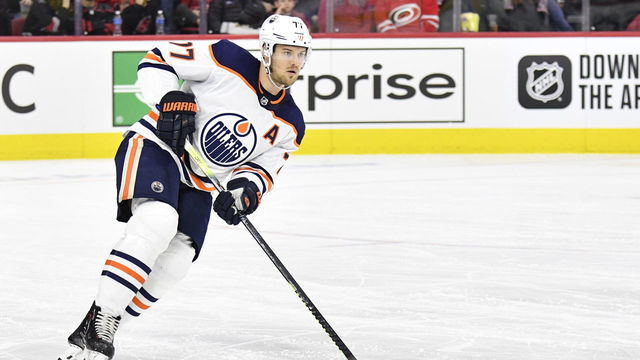 RALEIGH, NORTH CAROLINA - FEBRUARY 16: Oscar Klefbom #77 of the Edmonton Oilers skates against the Carolina Hurricanesduring the second period at PNC Arena on February 16, 2020 in Raleigh, North Carolina. The Oilers won 4-3 in overtime.