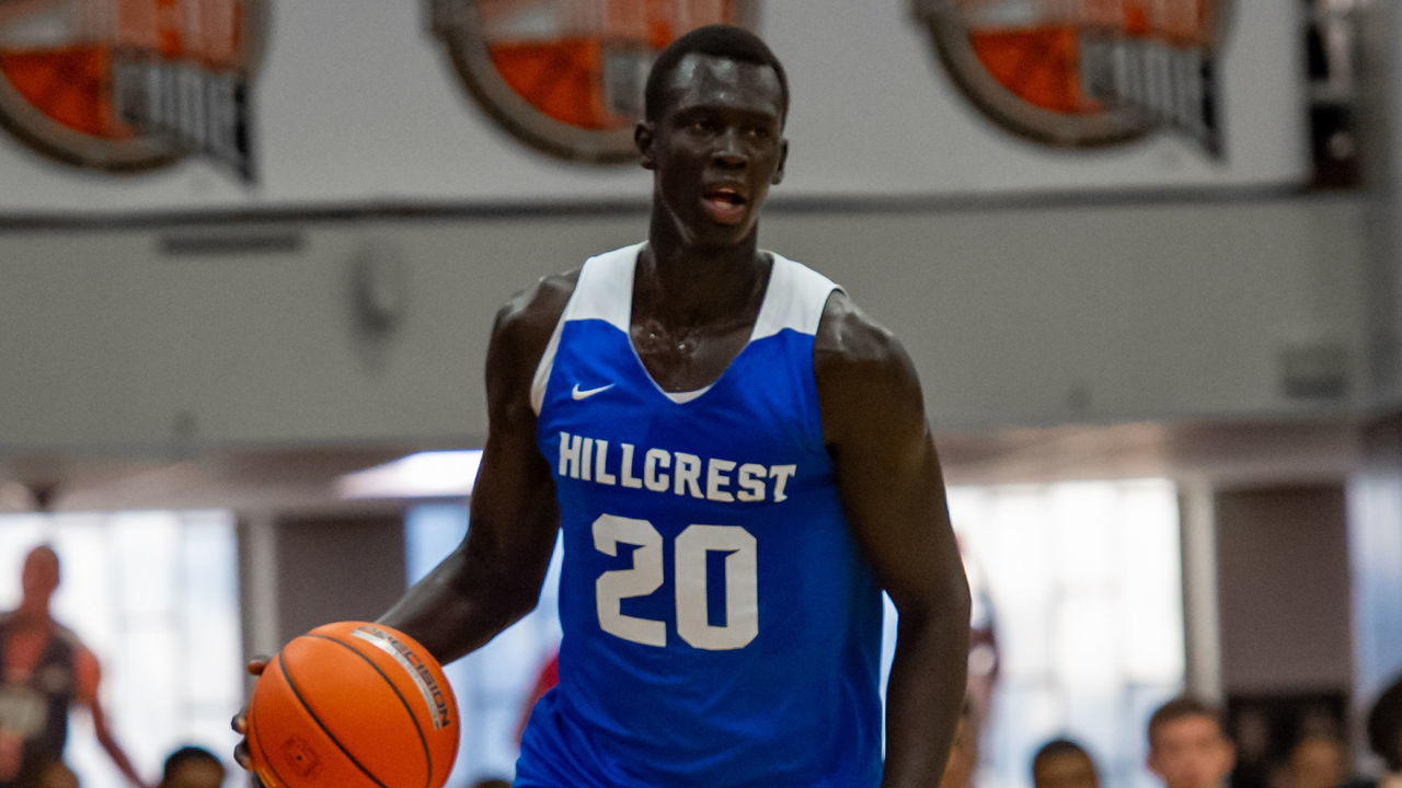 SPRINGFIELD, MA - JANUARY 19: Hillcrest Prep Bruins center Makur Maker (20) brings the ball up court during the first half of the Spalding Hoophall Classic high school basketball game between the Hillcrest Prep Bruins and Sunrise Christian Academy Buffaloes on January 19, 2020 at Blake Arena in Springfield, MA