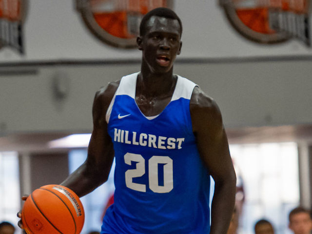 SPRINGFIELD, MA - JANUARY 19: Hillcrest Prep Bruins center Makur Maker (20) brings the ball up court during the first half of the Spalding Hoophall Classic high school basketball game between the Hillcrest Prep Bruins and Sunrise Christian Academy Buffaloes on January 19, 2020 at Blake Arena in Springfield, MA
