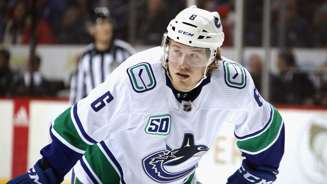 NEW YORK, NEW YORK - FEBRUARY 01: Brock Boeser #6 of the Vancouver Canucks skates against the New York Islanders at the Barclays Center on February 01, 2020 in the Brooklyn borough of New York City.