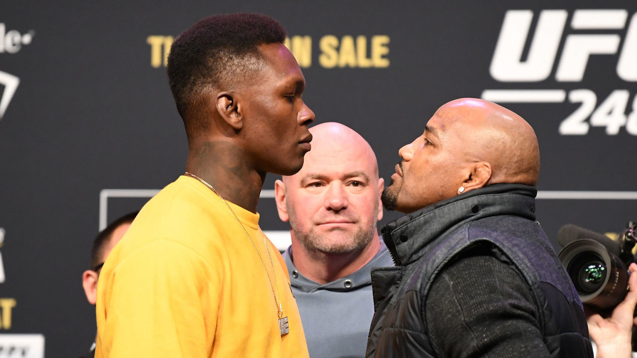 HOUSTON, TX - FEBRUARY 07: (L-R) Israel Adesanya and Yoel Romero face off during the UFC 248 Press Conference at the Toyota Center on February 7, 2020 in Houston, Texas.