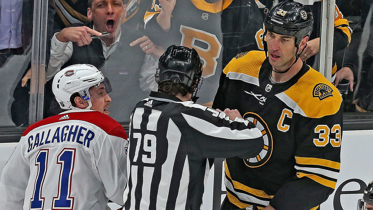 BOSTON, MA. - FEBRUARY 12: Fans scream out as Brendan Gallagher #11 of the Montreal Canadiens and Zdeno Chara #33 of the Boston Bruins get into it and both get penalized during the second period of the NHL game at the TD Garden on February 12, 2020 in Boston, Massachusetts. (Staff Photo By Matt Stone/MediaNews Group/Boston Herald)