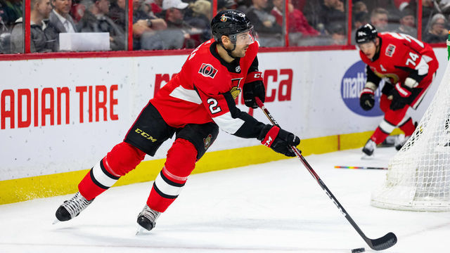 OTTAWA, ON - FEBRUARY 13: Ottawa Senators Defenceman Dylan Demelo (2) skates the puck around the net during third period National Hockey League action between the Arizona Coyotes and Ottawa Senators on February 13, 2020, at Canadian Tire Centre in Ottawa, ON, Canada.
