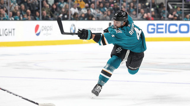 SAN JOSE, CA - FEBRUARY 17: Brenden Dillon #4 of the San Jose Sharks takes a shot on goal against the Florida Panthers at SAP Center on February 17, 2020 in San Jose, California