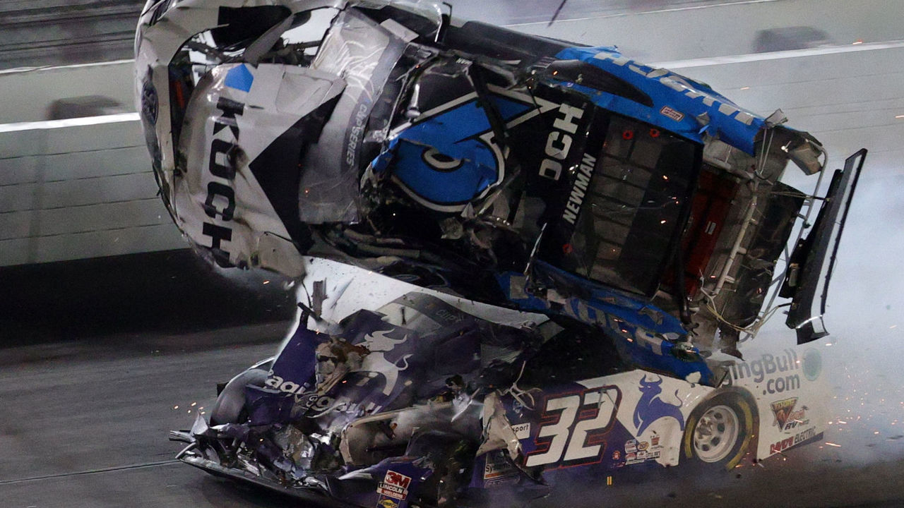 DAYTONA BEACH, FLORIDA - FEBRUARY 17: Ryan Newman, driver of the #6 Koch Industries Ford, flips over as he crashes during the NASCAR Cup Series 62nd Annual Daytona 500 at Daytona International Speedway on February 17, 2020 in Daytona Beach, Florida.