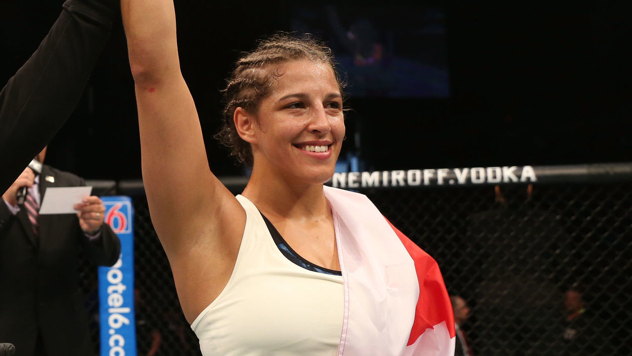ROCHESTER, NY - MAY 18: Felicia Spencer of Canada reacts after her victory over Megan Anderson in their women's featherweight bout during the UFC Fight Night event at Blue Cross Arena on May 18, 2019 in Rochester, New York.