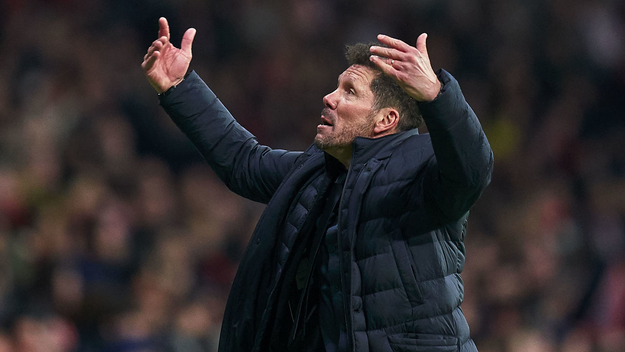 MADRID, SPAIN - FEBRUARY 18: Diego Pablo Simeone, head coach of Atletico de Madrid celebrates the victory after the UEFA Champions League round of 16 first leg match between Atletico Madrid and Liverpool FC at Wanda Metropolitano on February 18, 2020 in Madrid, Spain.