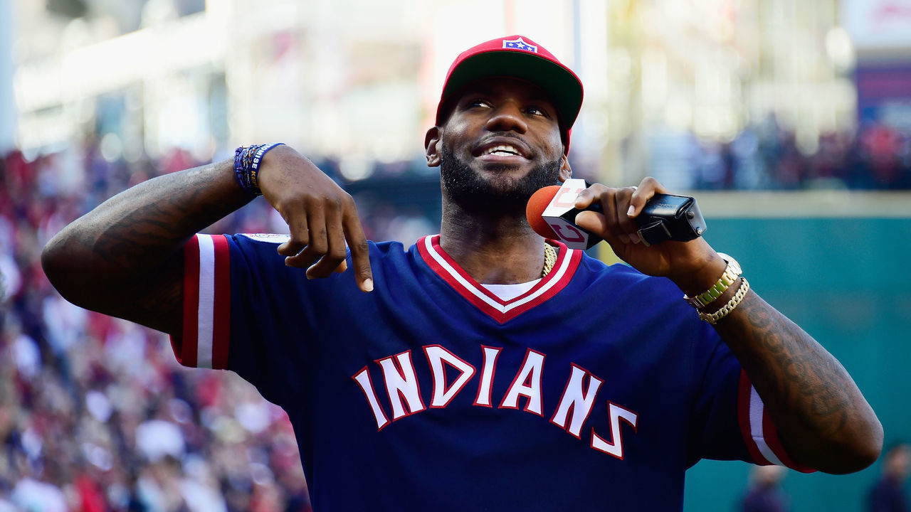 CLEVELAND, OH - OCTOBER 07: LeBron James #23 of the Cleveland Cavaliers addresses the crowd prior to game two of the American League Divison Series between the Boston Red Sox and the Cleveland Indians at Progressive Field on October 7, 2016 in Cleveland, Ohio.