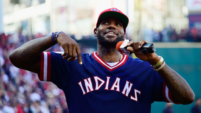 CLEVELAND, OH - OCTOBER 07: LeBron James #23 of the Cleveland Cavaliers addresses the crowd prior to game two of the American League Divison Series between the Boston Red Sox and the Cleveland Indians at Progressive Field on October 7, 2016 in Cleveland, Ohio.