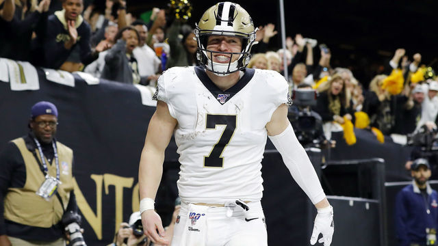 NEW ORLEANS, LOUISIANA - JANUARY 05: Taysom Hill #7 of the New Orleans Saints celebrates after catching a touchdown pass during the fourth quarter against the Minnesota Vikings in the NFC Wild Card Playoff game at Mercedes Benz Superdome on January 05, 2020 in New Orleans, Louisiana.