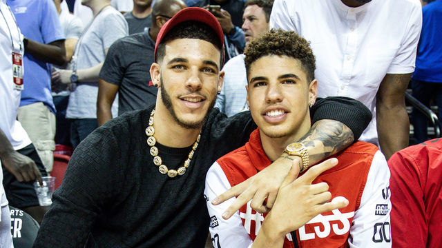 LAS VEGAS, NEVADA - JULY 05: Lonzo Ball (L) and LaMelo Ball (R) smile at the NBA Summer League on July 05, 2019 in Las Vegas, Nevada.