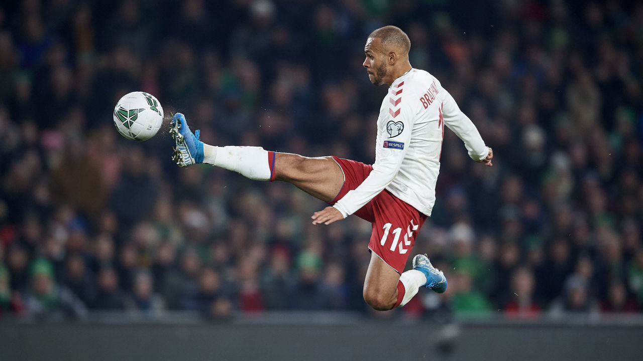 DUBLIN, IRELAND - NOVEMBER 18: Martin Braithwaite of Denmark scores the 1-0 goal during the UEFA EURO 2020 Qualifier match between Ireland and Denmark at Aviva Stadium on November 18, 2019 in Dublin, Ireland.
