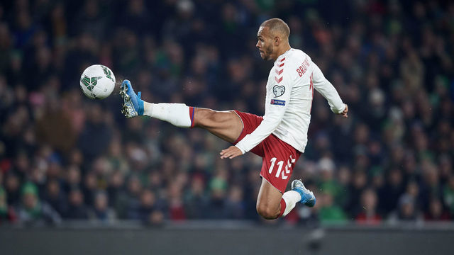 DUBLIN, IRELAND - NOVEMBER 18: Martin Braithwaite of Denmark scores the 1-0 goal during the UEFA EURO 2020 Qualifier match between Ireland and Denmark at Aviva Stadium on November 18, 2019 in Dublin, Ireland.