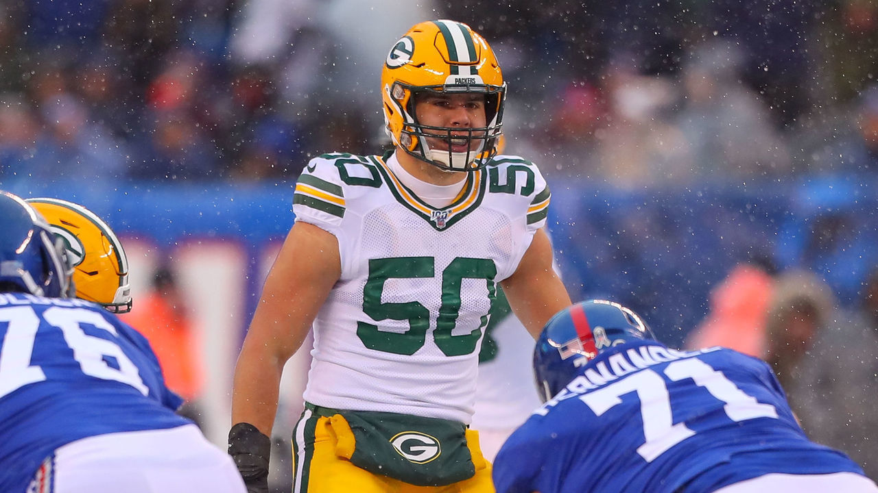 EAST RUTHERFORD, NJ - DECEMBER 01: Green Bay Packers inside linebacker Blake Martinez (50) during the National Football League game between the New York Giants and the Green Bay Packers on December 1, 2019 at MetLife Stadium in East Rutherford, NJ.